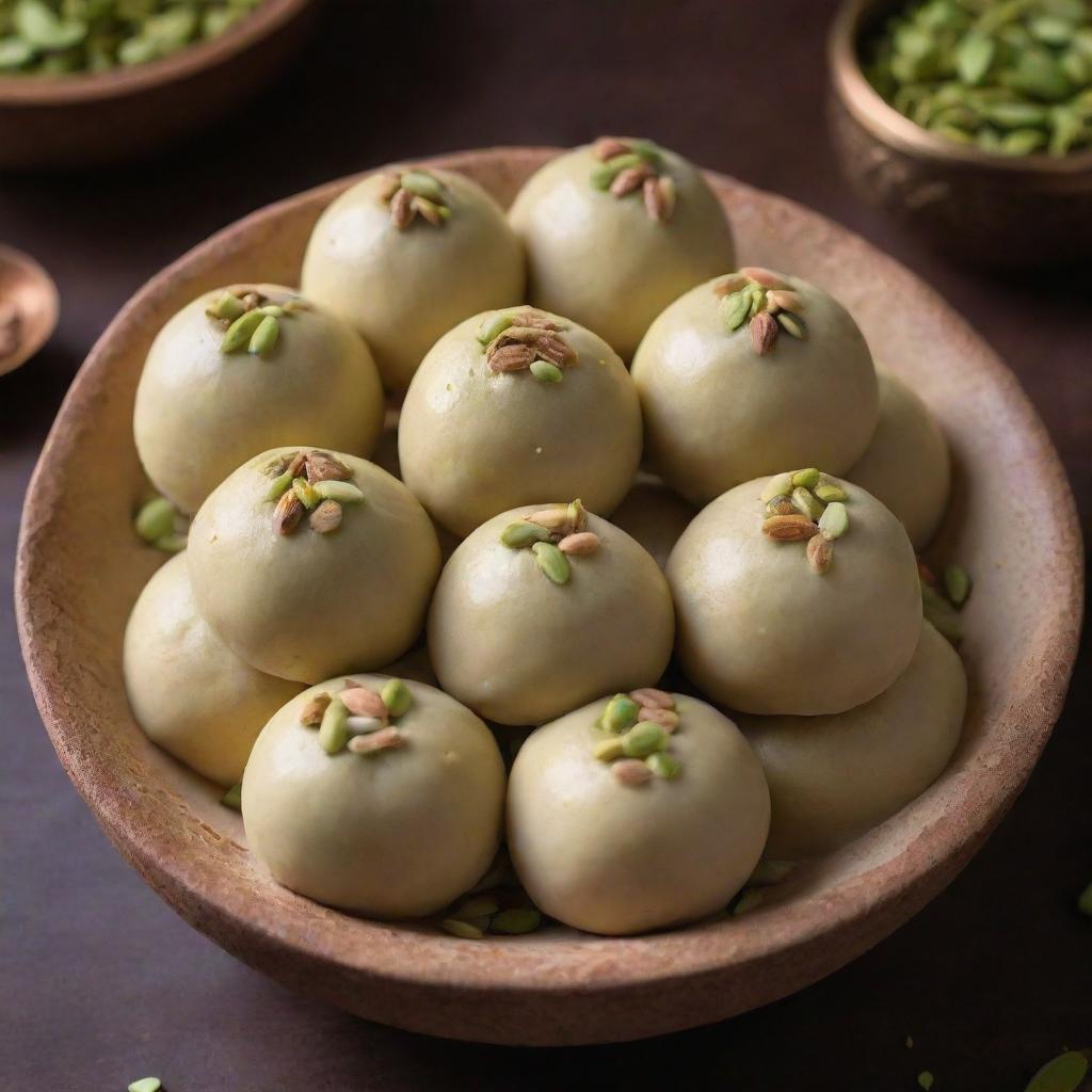 An traditional Indian sweet, Rasogulka, served in a beautiful earthen bowl garnished with pistachios