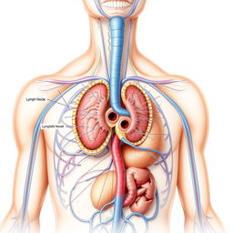 A detailed anatomical illustration of the human lymphatic system highlighting a lymph node