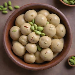 An traditional Indian sweet, Rasogulka, served in a beautiful earthen bowl garnished with pistachios