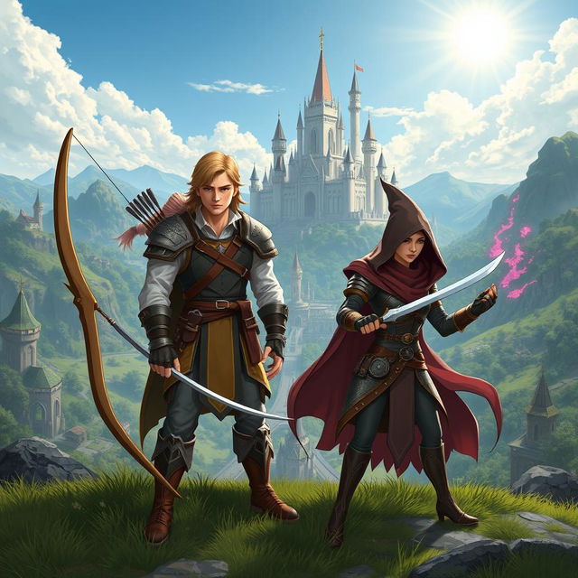 A tall hero, a skilled archer with a sleek bow, a stealthy assassin with daggers, and a mystical witch casting spells, all standing proudly in front of a magnificent kingdom with towering castles and lush landscapes under a bright sky