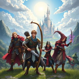 A tall hero, a skilled archer with a sleek bow, a stealthy assassin with daggers, and a mystical witch casting spells, all standing proudly in front of a magnificent kingdom with towering castles and lush landscapes under a bright sky