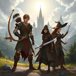 A tall hero, a skilled archer with a sleek bow, a stealthy assassin with daggers, and a mystical witch casting spells, all standing proudly in front of a magnificent kingdom with towering castles and lush landscapes under a bright sky