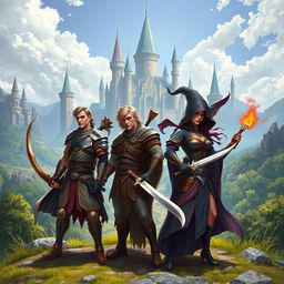 A tall hero, a skilled archer with a sleek bow, a stealthy assassin with daggers, and a mystical witch casting spells, all standing proudly in front of a magnificent kingdom with towering castles and lush landscapes under a bright sky