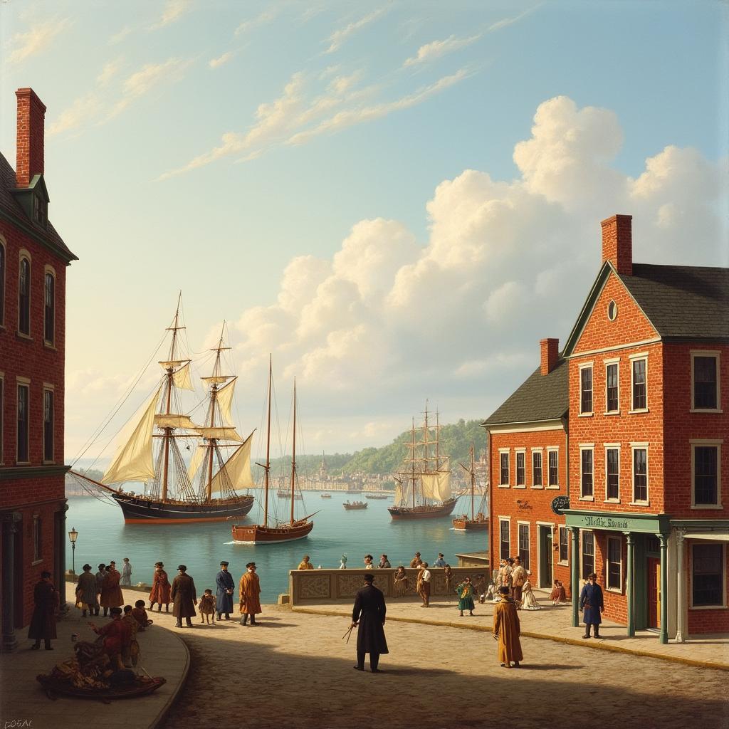 19th century painting of New Bedford, Massachusetts, capturing the essence of a bustling coastal town during the whaling era