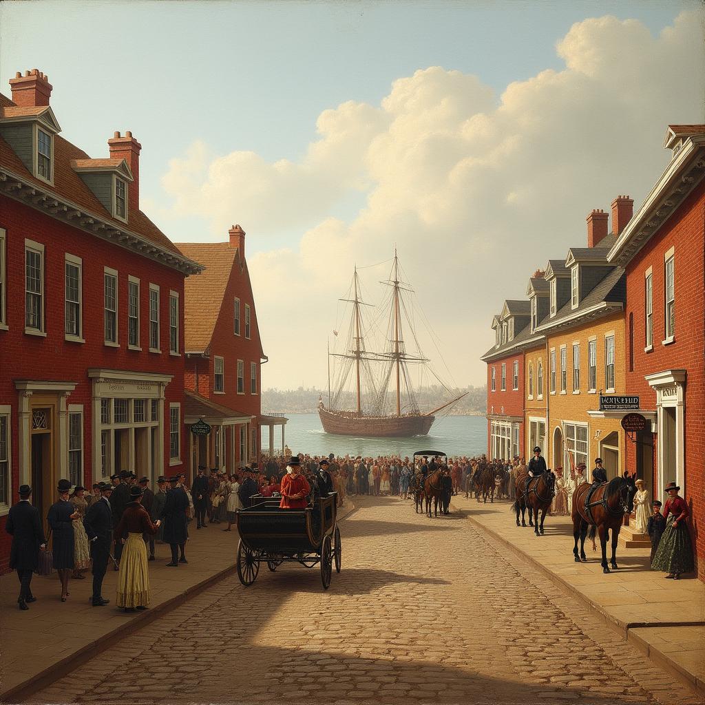 19th century painting of New Bedford, Massachusetts, capturing the bustling energy of this historic whaling town