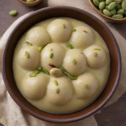 An traditional Indian sweet, Rasogulka, served in a beautiful earthen bowl garnished with pistachios