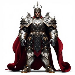 A heroic figure wearing a gigantic, shining armor that exudes power and strength, set against a pure white background