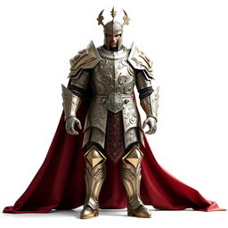 A heroic figure wearing a gigantic, shining armor that exudes power and strength, set against a pure white background