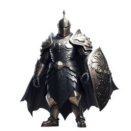 A heroic figure wearing a gigantic, shining armor that exudes power and strength, set against a pure white background