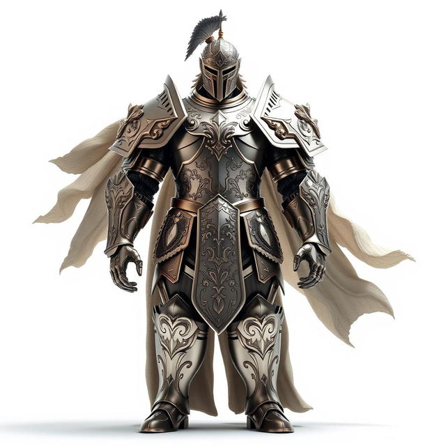 A heroic figure wearing a gigantic, shining armor that exudes power and strength, set against a pure white background