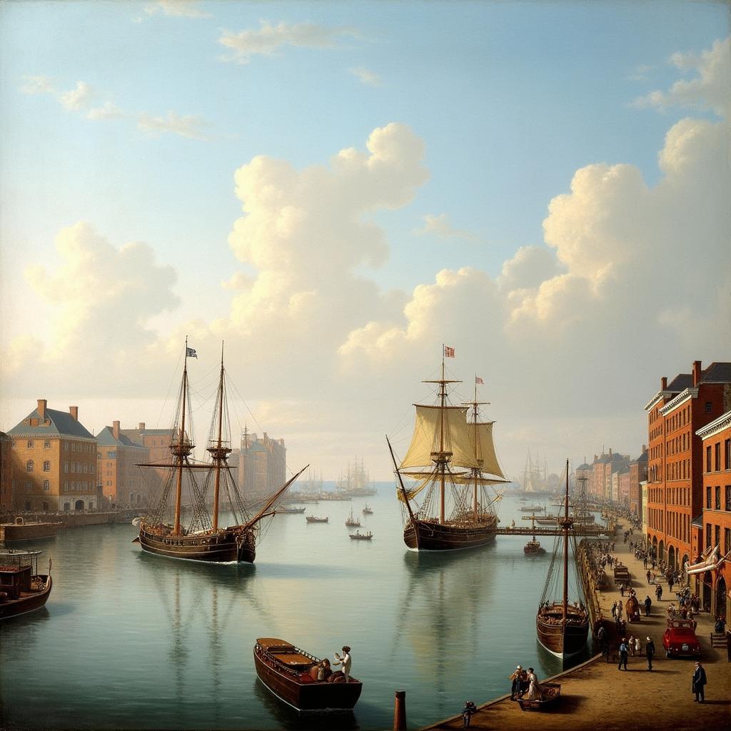 19th century painting depicting the bustling harbor of New Bedford, Massachusetts