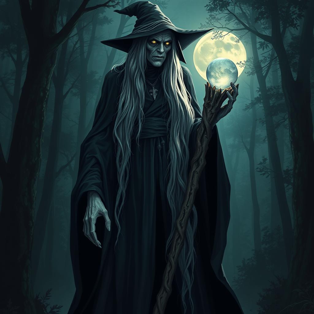 A tall, sinister witch with dark, flowing robes and a mysterious aura, standing in a shadowy forest