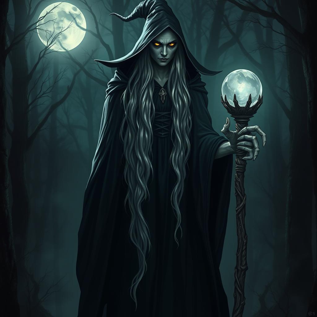 A tall, sinister witch with dark, flowing robes and a mysterious aura, standing in a shadowy forest