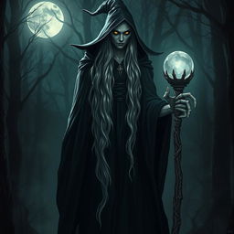 A tall, sinister witch with dark, flowing robes and a mysterious aura, standing in a shadowy forest