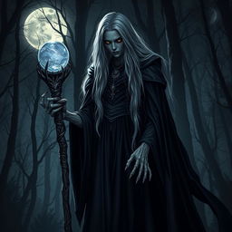 A tall, sinister witch with dark, flowing robes and a mysterious aura, standing in a shadowy forest