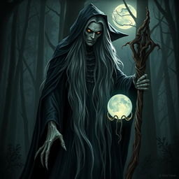 A tall, sinister witch with dark, flowing robes and a mysterious aura, standing in a shadowy forest