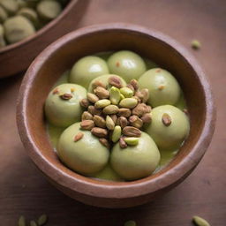 An traditional Indian sweet, Rasogulka, served in a beautiful earthen bowl garnished with pistachios