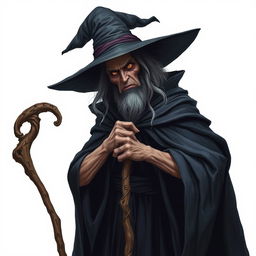 A tall and sinister witch with an imposing presence, wearing a dark, flowing cloak and a wide-brimmed hat