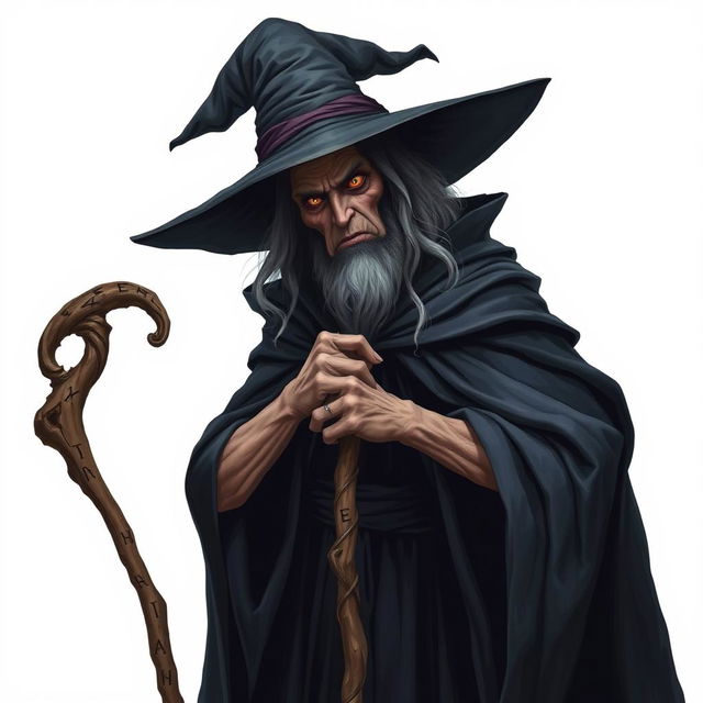 A tall and sinister witch with an imposing presence, wearing a dark, flowing cloak and a wide-brimmed hat