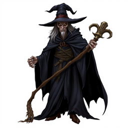 A tall and sinister witch with an imposing presence, wearing a dark, flowing cloak and a wide-brimmed hat