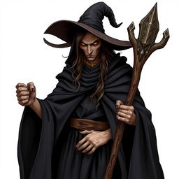 A tall and sinister witch with an imposing presence, wearing a dark, flowing cloak and a wide-brimmed hat