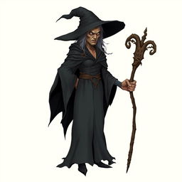 A tall and sinister witch with an imposing presence, wearing a dark, flowing cloak and a wide-brimmed hat