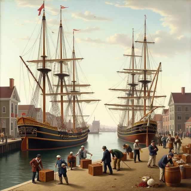 19th century painting capturing the bustling activity of sailing ships docked at the wharf in New Bedford, Massachusetts