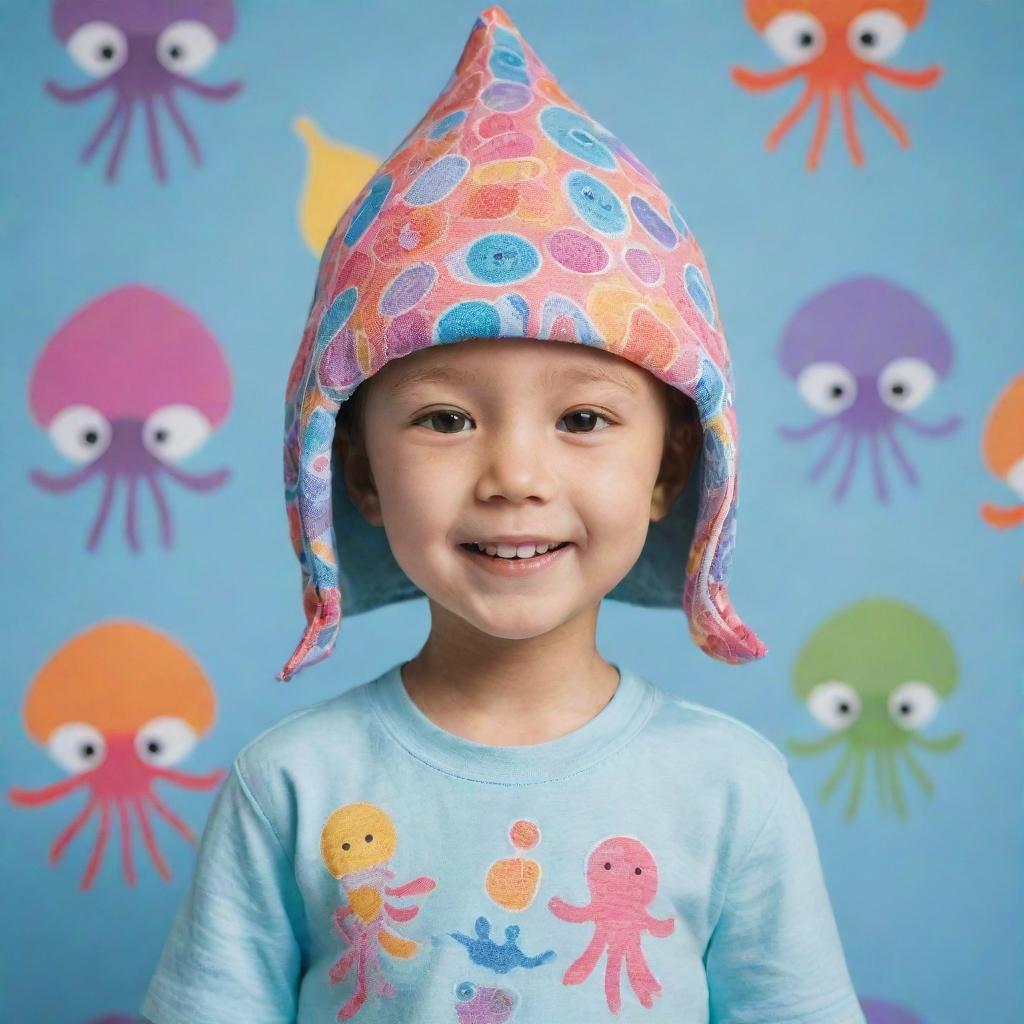 Create an animation of a lively character adorned in unique squid-themed clothing - a squid-shaped hat on their head and a t-shirt featuring squid patterns in a lively and colorful style.