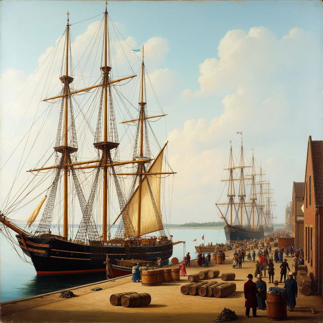 19th century painting depicting a bustling scene of sailing ships docked at the wharf in New Bedford, Massachusetts