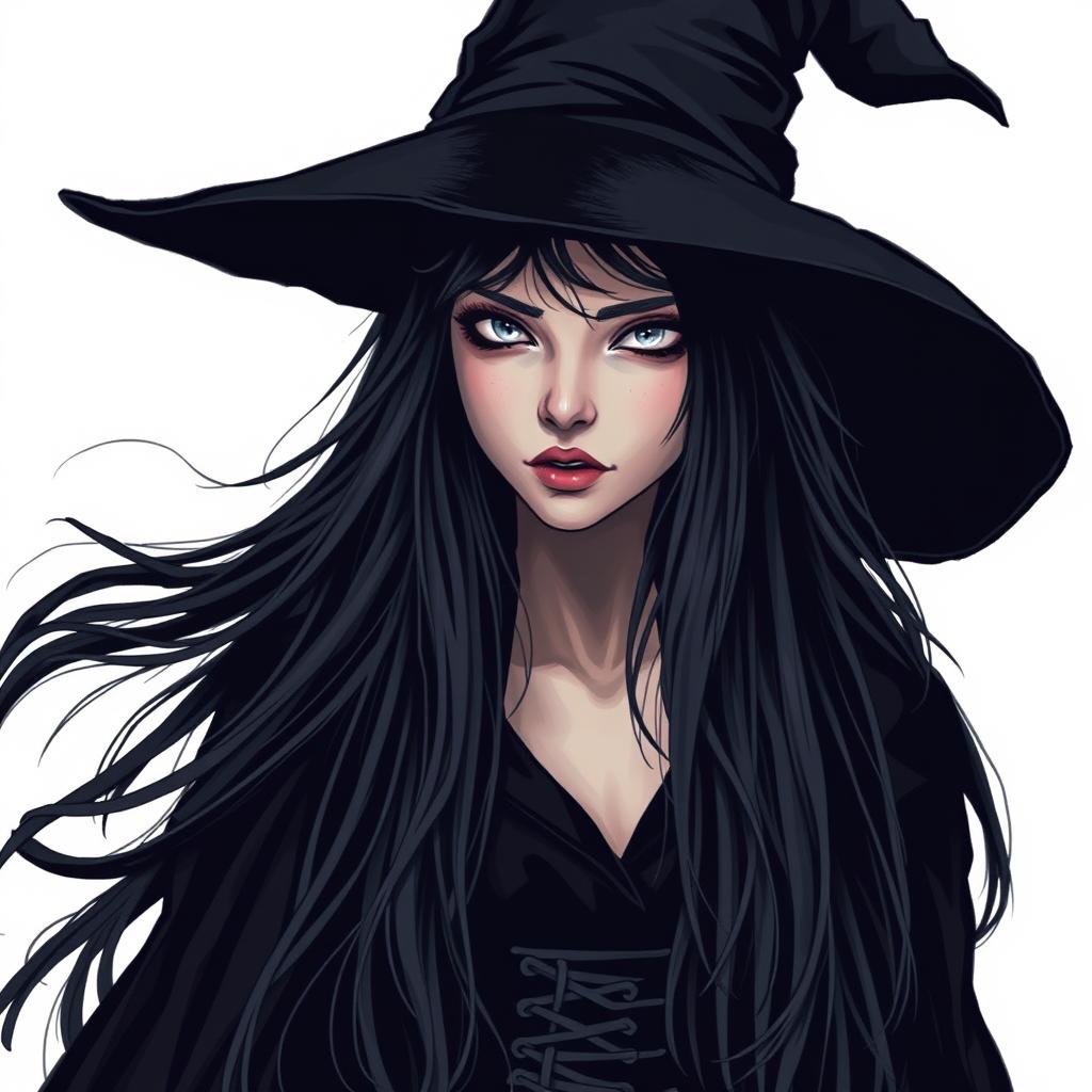 A tall and sinister young witch with a mysterious aura, wearing an elegant dark cloak and hat, set against a plain white background