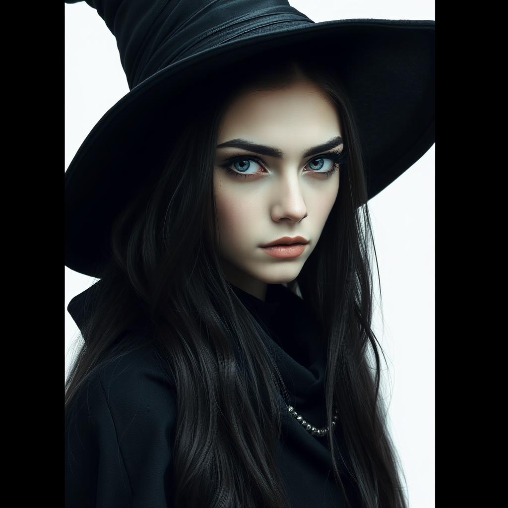 A tall and sinister young witch with a mysterious aura, wearing an elegant dark cloak and hat, set against a plain white background