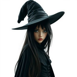 A tall and sinister young witch with a mysterious aura, wearing an elegant dark cloak and hat, set against a plain white background