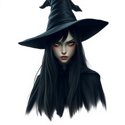 A tall and sinister young witch with a mysterious aura, wearing an elegant dark cloak and hat, set against a plain white background