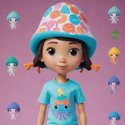 Create an animation of a lively character adorned in unique squid-themed clothing - a squid-shaped hat on their head and a t-shirt featuring squid patterns in a lively and colorful style.