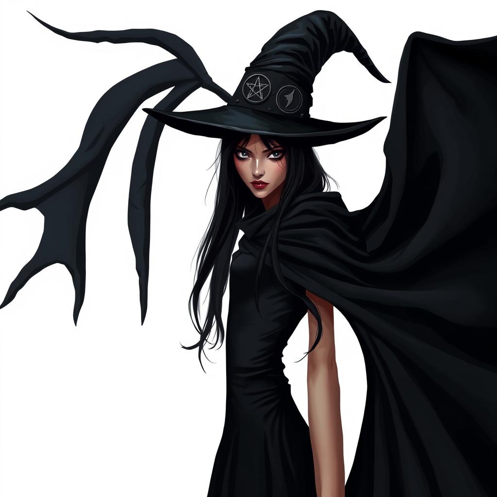 A young, tall, and sinister witch with an enigmatic expression