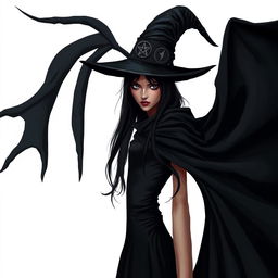 A young, tall, and sinister witch with an enigmatic expression