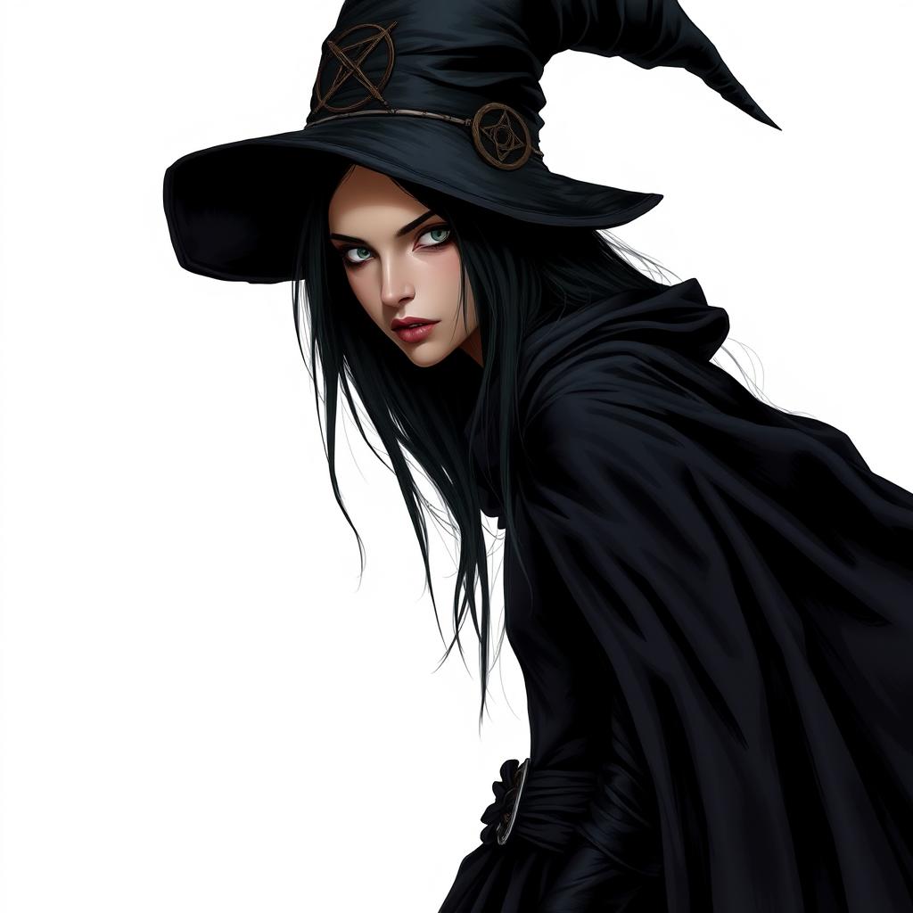 A young, tall, and sinister witch with an enigmatic expression