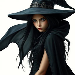 A young, tall, and sinister witch with an enigmatic expression