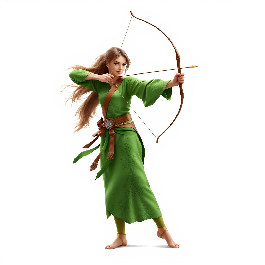 An archer wearing green attire, standing gracefully on a white background