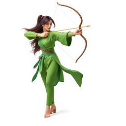 An archer wearing green attire, standing gracefully on a white background