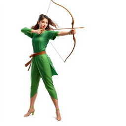 An archer wearing green attire, standing gracefully on a white background