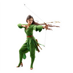 An archer wearing green attire, standing gracefully on a white background