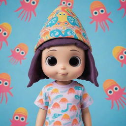 Create an animation of a lively character adorned in unique squid-themed clothing - a squid-shaped hat on their head and a t-shirt featuring squid patterns in a lively and colorful style.