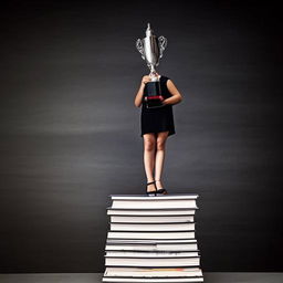 A diligent student on top of a tower of books, with a sparkling trophy symbolizing success in studies.