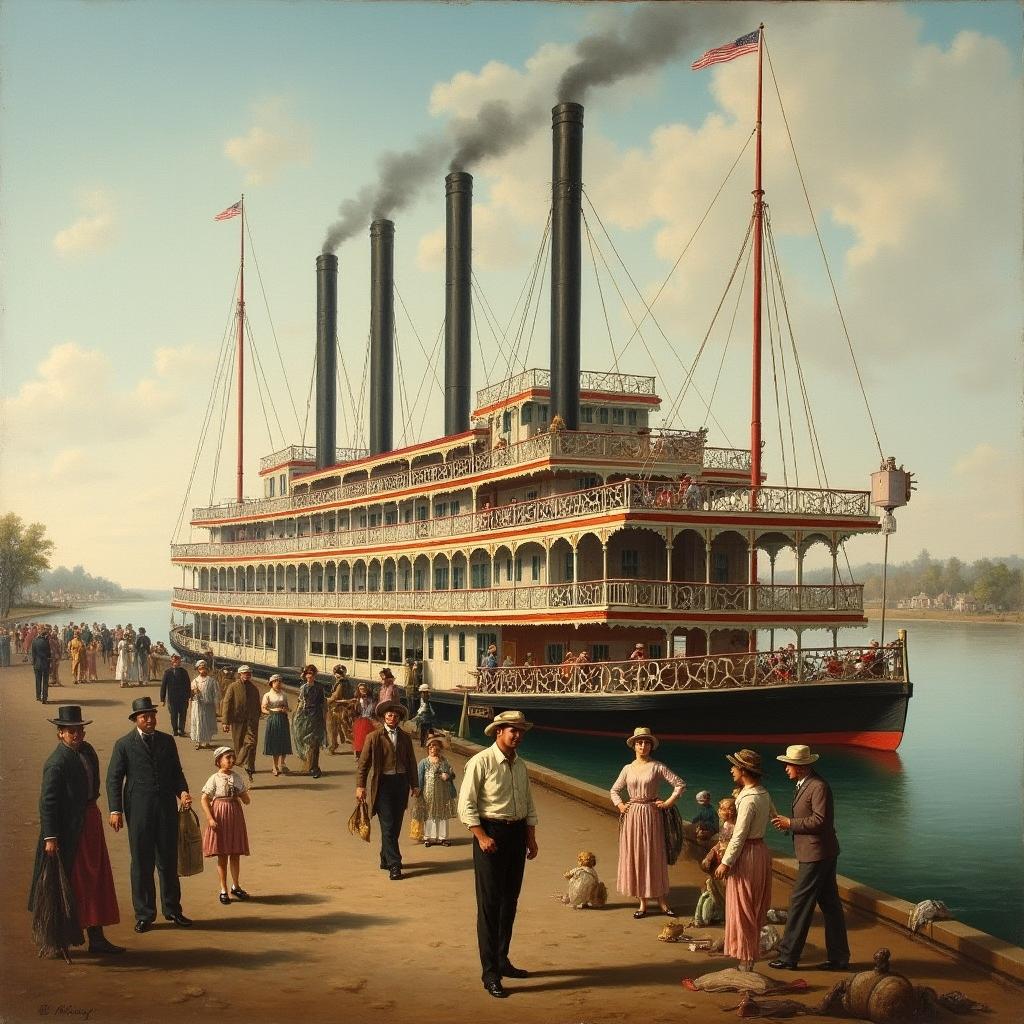 19th century painting depicting a bustling scene of a Mississippi steamboat docked along the river