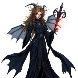 a tall and sinister young witch, dressed in dark, flowing attire with an air of mystery