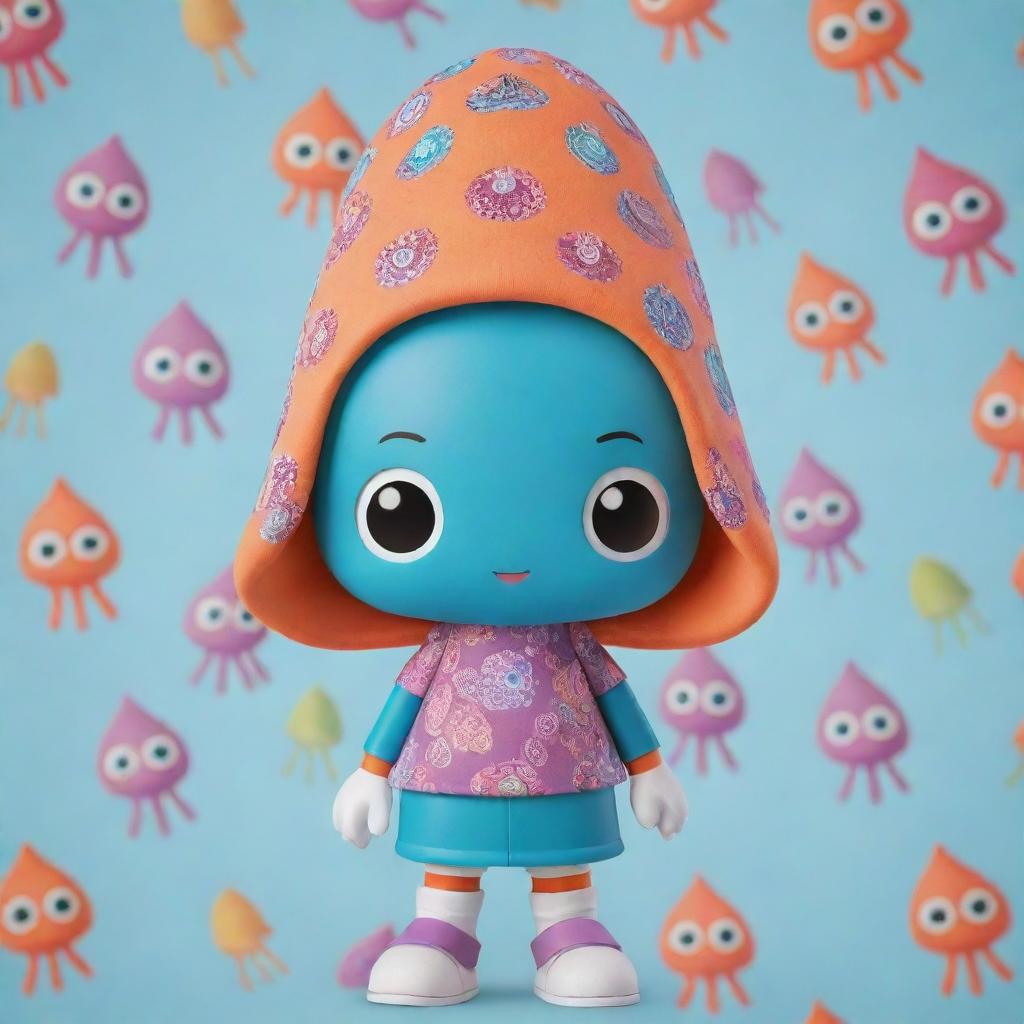 Create an animation of a lively character adorned in unique squid-themed clothing - a squid-shaped hat on their head and a t-shirt featuring squid patterns in a lively and colorful style.