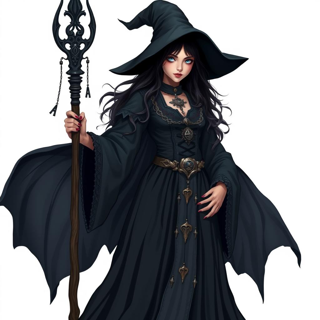 a tall and sinister young witch, dressed in dark, flowing attire with an air of mystery