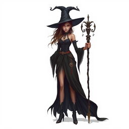 a tall and sinister young witch, dressed in dark, flowing attire with an air of mystery