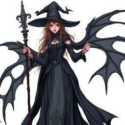 a tall and sinister young witch, dressed in dark, flowing attire with an air of mystery